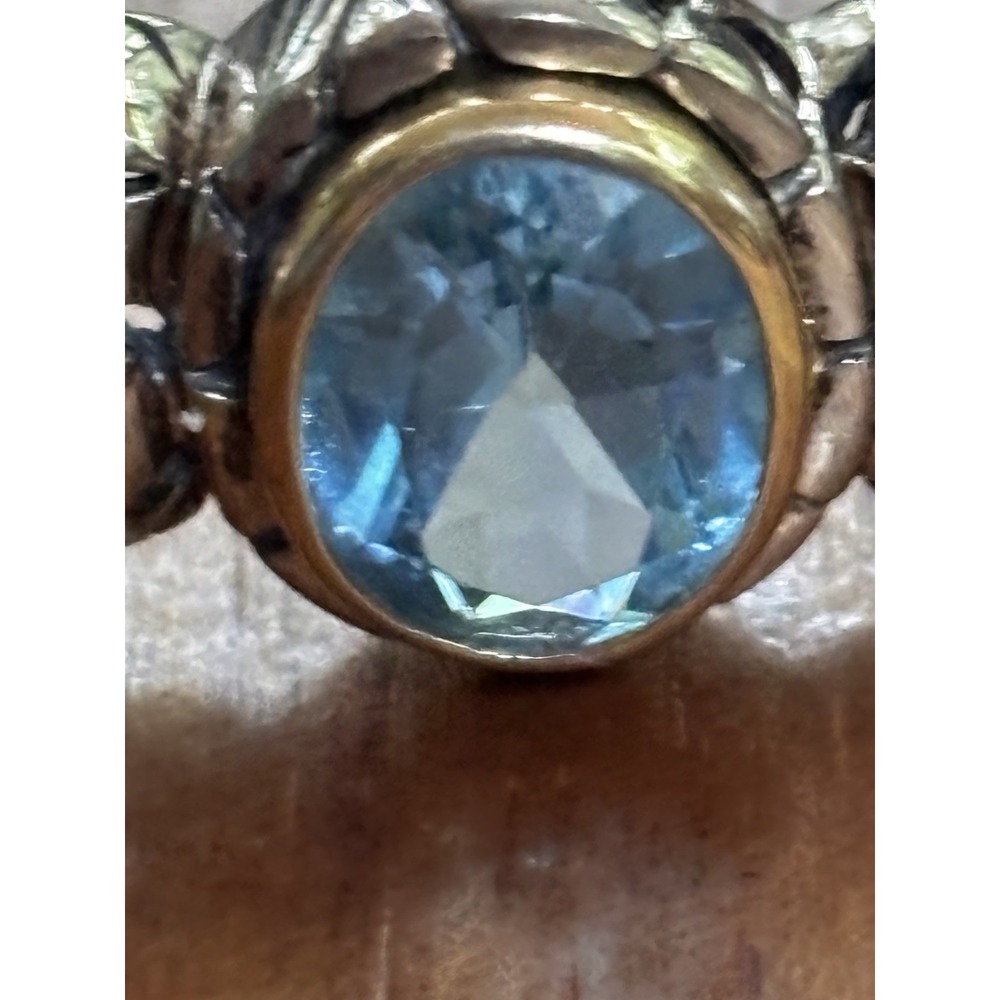 Sterling Silver And 14k Gold Blue Topaz Hinged Bangle Bracelet 6.75" 21.1 Grams - Picture 2 of 11